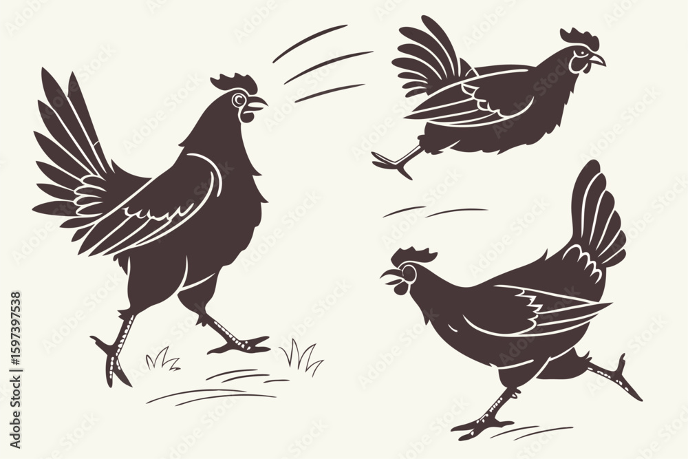 Fototapeta premium Chicken Silhouette Set in Dynamic Poses 