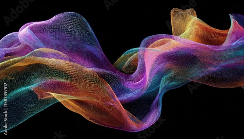 Abstract, vibrant, flowing fabric-like forms in rainbow colors on a black background