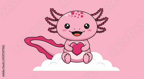 Flat vector illustration of a smiling pink axolotl sitting on a fluffy white cloud, holding a heart, with fan-like gills and a curved tail, set against a soft light pink background in a cute, bold sty