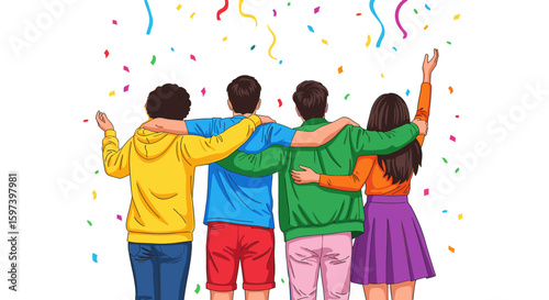 Four diverse young friends stand united, arms around each other's shoulders, celebrating success under a shower of colorful confetti.