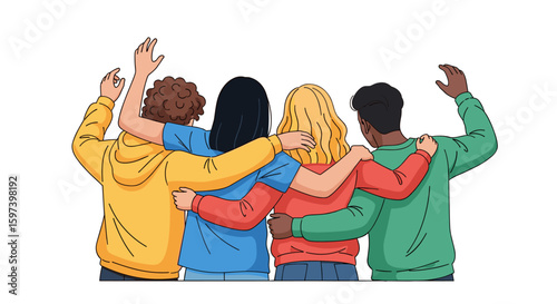 A diverse group of friends stands together, arms around each other, celebrating their bond and unity against a clean, white background for a concept.