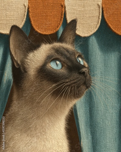 Festive curtain backdrop pet, elegant Siamese cat with blue eyes framed by vintage-inspired textile and warm retro indoor setting, calm feline portrait with decorative charm

