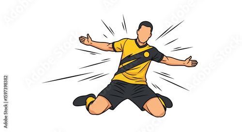 A triumphant soccer player in a yellow and black uniform celebrates a goal by kneeling on the field with arms outstretched.