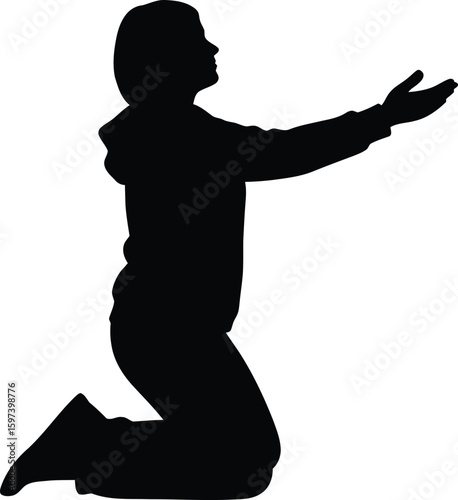 Vector art of woman kneeling in prayer with arms outstretched isolated on transparent background