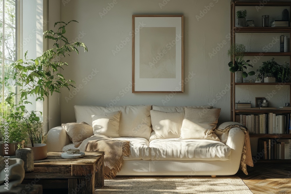 Fototapeta premium Cozy sofa placed against a wall with a poster frame and a shelving unit. Scandinavian home interior design for a modern living room in a farmhouse, Generative AI