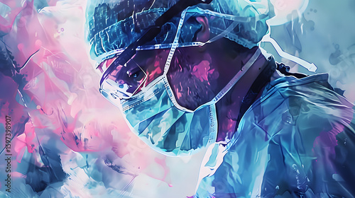 watercolor style A focused surgeon in an operation