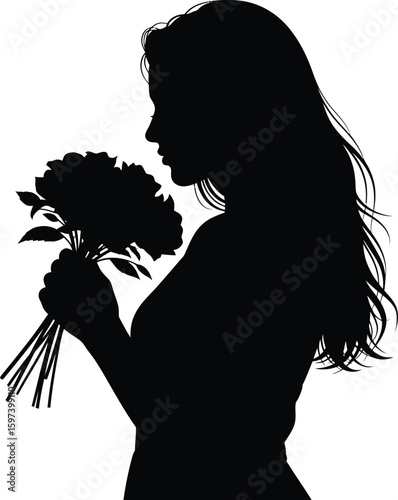 Vector art of woman smelling a bouquet of roses isolated on transparent background