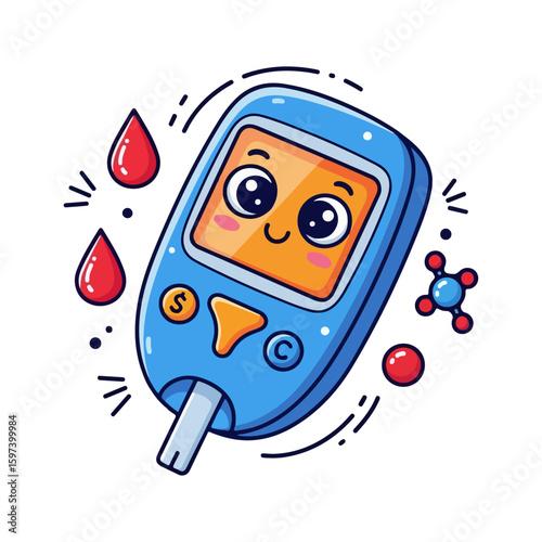 Blood sugar test tool (glucometer) vector, colored cartoon with line art and white background. AI generated image.