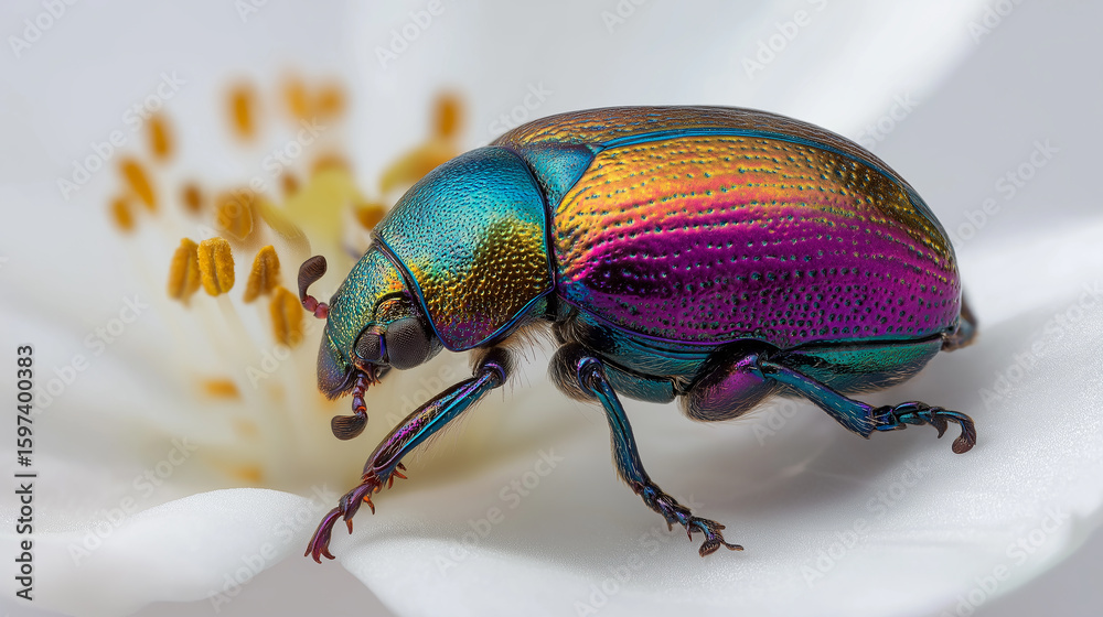 Naklejka premium Shiny Beetle on White Flower Macro Detailed View