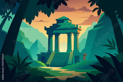 ancient jungle temple overtaken by vines and trees.svg