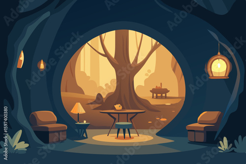 ancient tree hollow living room with carved wooden.svg