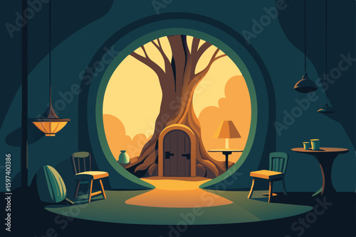 ancient tree hollow living room with carved wooden 