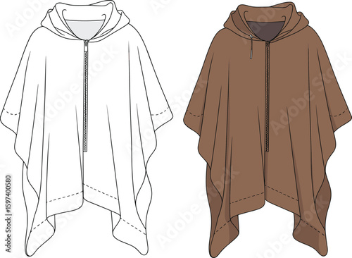 Cad drawing flat vector illustration, asymmetrical hooded poncho front view, fashion outerwear design, zip closure, draped hem, technical sketchCad drawing flat vector illustration