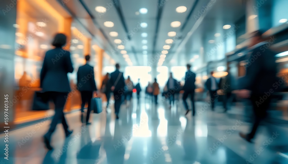 Fototapeta premium Blurred Business Professionals Walking in Modern Office A Dynamic Scene of Corporate Life and Team Collaboration, Highlighting Movement.