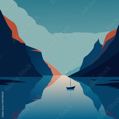calm fjord with reflections of cliffs and boats 