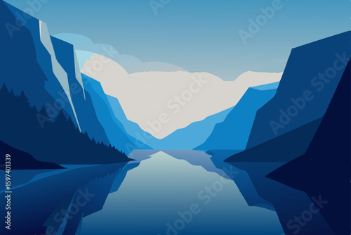 calm fjord scene with tall cliffs and still  