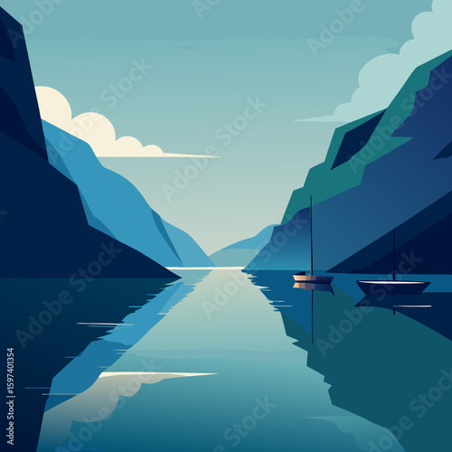 calm fjord with reflections of cliffs and boats 