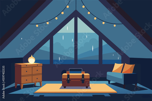 cozy attic living room filled with vintage trunks .svg