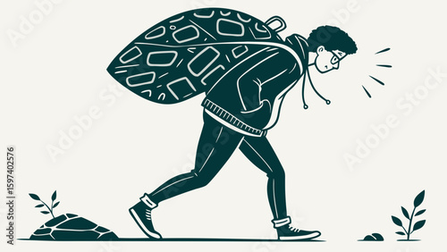 Person with Heavy Burden, Urban Setting, Illustration of Resilience