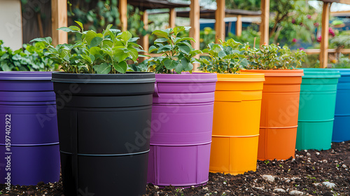 Wallpaper Mural Colorful plastic pots arranged in a row, each containing green plants, set on soil with a garden backdrop. Torontodigital.ca