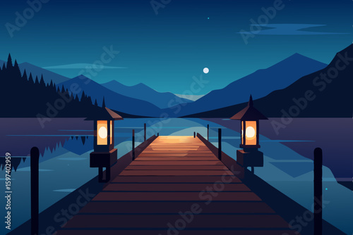 cozy lakeside dock with lanterns glowing at twilig.svg