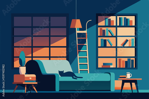 cozy librarian s living room with sliding ladders.svg