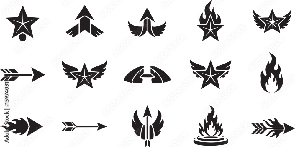 Fototapeta premium Set of star and arrow symbols, black silhouette on white background