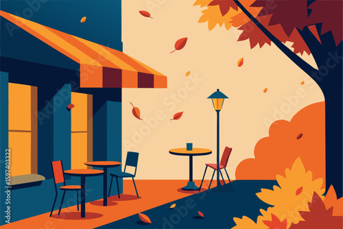 cozy street caf  in autumn with falling leaves 