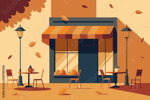 cozy street caf  in autumn with falling leaves 