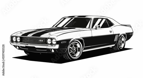 Classic Muscle Car Black and White Vector – Retro Automotive Design Illustration