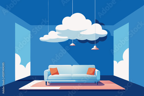 dreamy cloud themed living room with white plush 