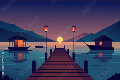 dusk over a fishing dock with nets  boats  