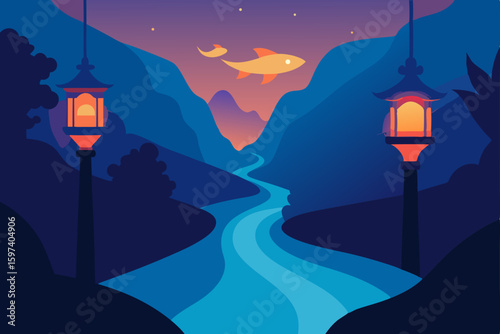 enchanted river bend with glowing fish and hanging.svg