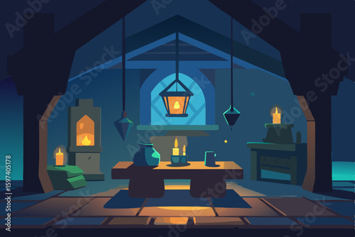 fantasy cottage living room with glowing lanterns .svg