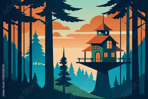 fantasy treehouse village built into giant redwood 