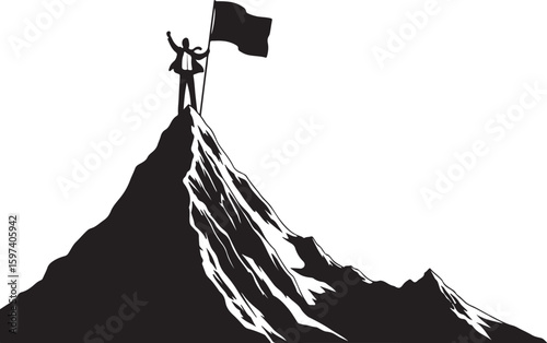 Silhouette of businessman planting flag on mountain peak, successful achievement concept