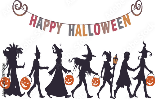 Silhouette figures in costumes trick or treating for halloween under a happy halloween banner