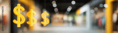 Wallpaper Mural Tariff Impact on Small Business and Global Trade, Hanging dollar signs illuminated in a blurred retail environment. Torontodigital.ca