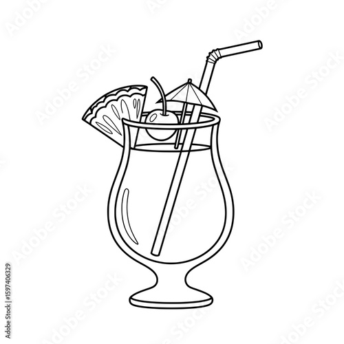 Line art cocktail glass with fruit and umbrella for summer party use