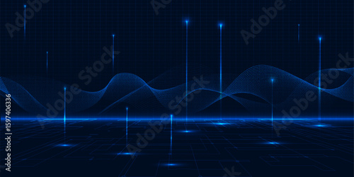 Vector illustration of futuristic digital technology background with glowing dots floating on digital landscape and wave wireframe above for game graphic and advertising artwork.