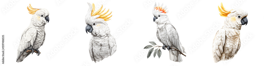 Obraz premium Elegant Cockatoo Bird, Watercolor Painting Illustration Set Isolated on White Background