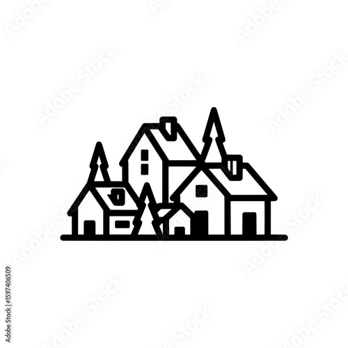 line art of a mountain village with houses and trees