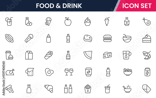 Food and drink vector line icons including utensils, plates, beverages, fruits, fast food, cooking tools, and restaurant elements.