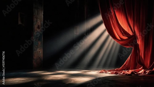 A dark room with textured walls is illuminated by sunlight streaming through a partially opened red curtain, casting dramatic beams and shadows on the floor.