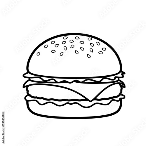 Line drawing of a cheeseburger with sesame seed bun and ingredients