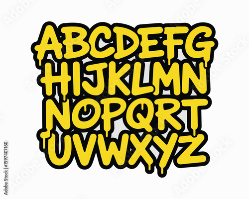 Alphabet letters a to z in yellow dripping paint style with black outline on a white background