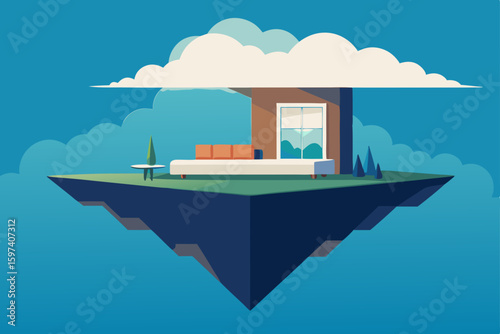 floating island living room with grass flooring 
