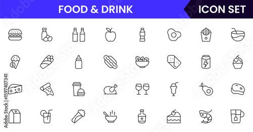 Food and drink vector line icons including utensils, plates, beverages, fruits, fast food, cooking tools, and restaurant elements.