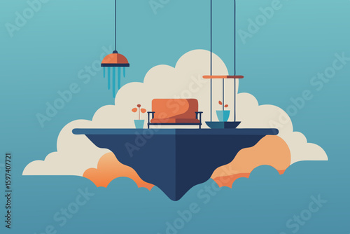 floating sky island living room with open clouds 