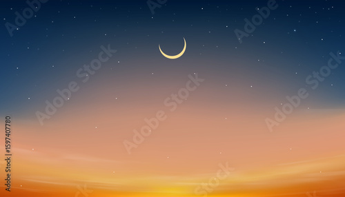 Sky Night,Ramadan Kareem Background with Crescent moon,Star with twilight dusk sunset sky,Vector Greeting festive for Hilal,Eid Mubarak,Eid al adha,Eid al fitr,Islamic new year,Muharram